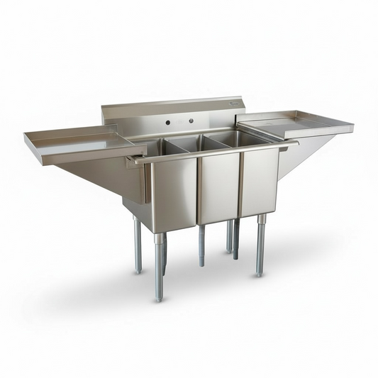 67'' (L) x 22'' (W)  3-compartment sink with dual detachable drainboards