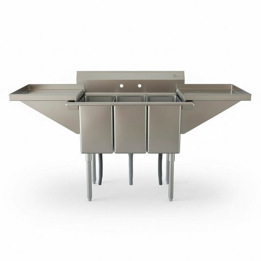 67'' (L) x 22'' (W)  3-compartment sink with dual detachable drainboards